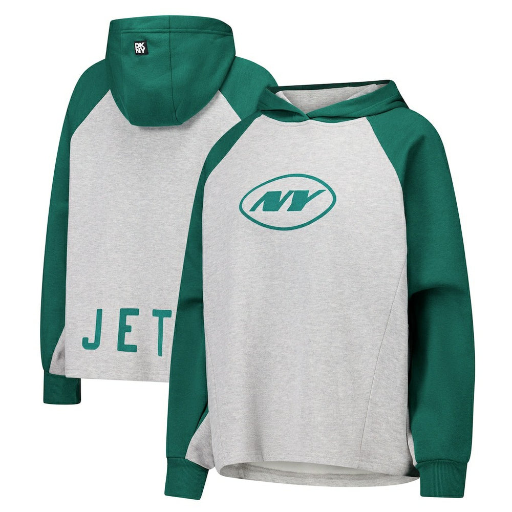 New York Jets DKNY Sport Women's Joy Cropped Raglan Pullover Hoodie - Gray/Green outlet