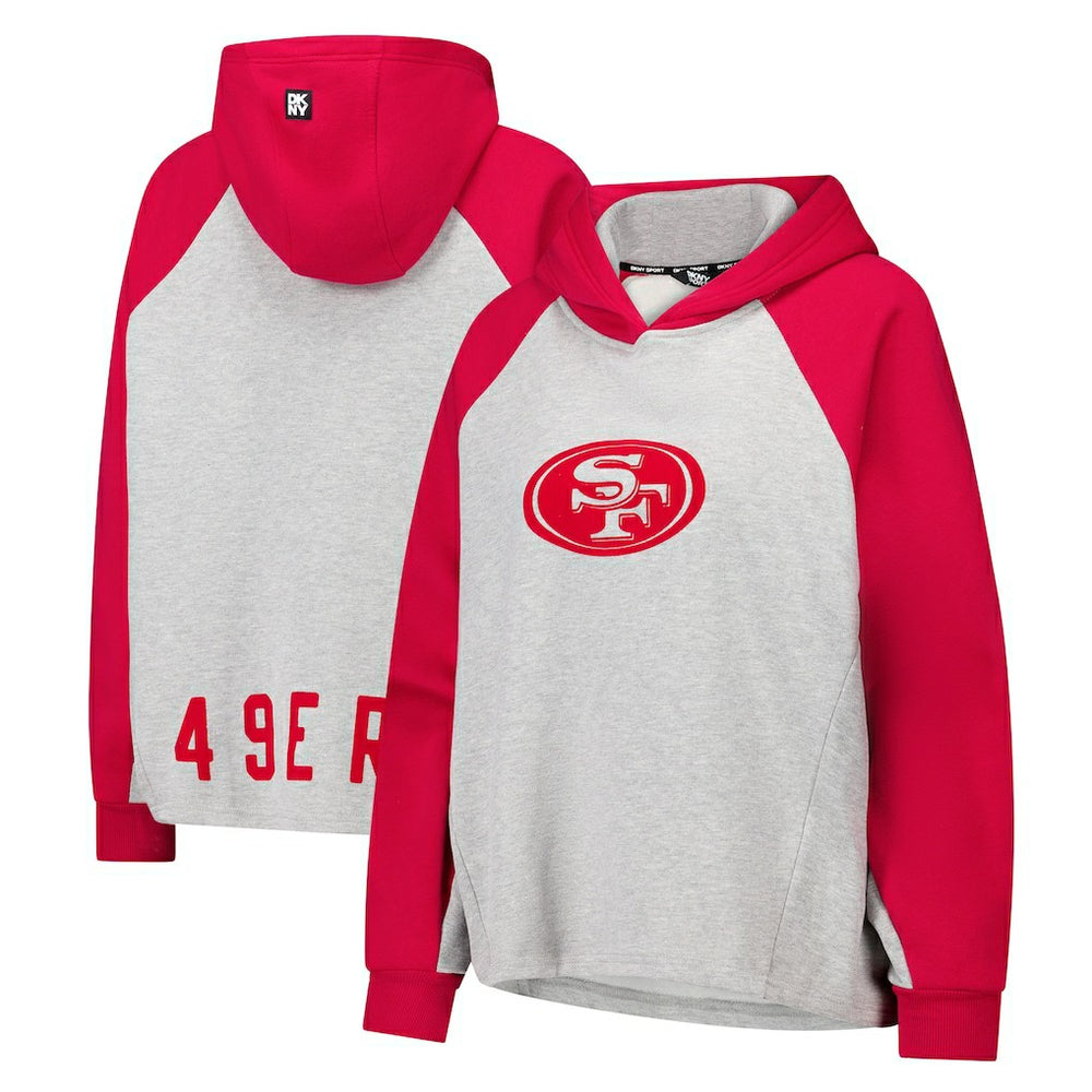 San Francisco 49ers DKNY Sport Women's Joy Cropped Raglan Pullover Hoodie - Gray/Scarlet for sale