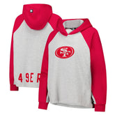 San Francisco 49ers DKNY Sport Women's Joy Cropped Raglan Pullover Hoodie - Gray/Scarlet for sale