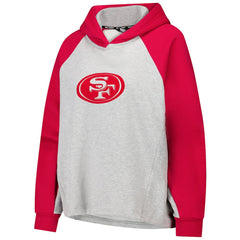 San Francisco 49ers DKNY Sport Women's Joy Cropped Raglan Pullover Hoodie - Gray/Scarlet for sale