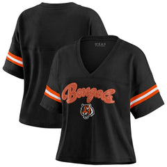 Cincinnati Bengals WEAR by Erin Andrews Women's Plus Size Color Block Boxy V-Neck T-Shirt - Black for sale