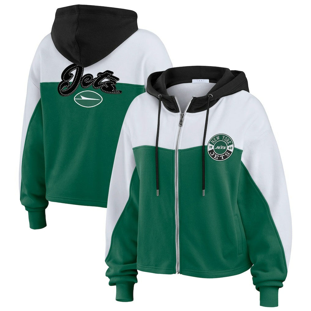 New York Jets WEAR by Erin Andrews Women's Color Block Full-Zip Hoodie - Green/White sale