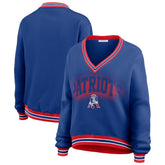 New England Patriots WEAR by Erin Andrews Women's Oversized Long Sleeve V-Neck Sweatshirt - Navy discount
