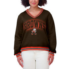 Cleveland Browns WEAR by Erin Andrews Women's Oversized Long Sleeve V-Neck Sweatshirt - Brown for sale