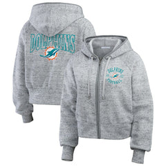 Miami Dolphins WEAR by Erin Andrews Women's Speckled Fleece Cropped Full-Zip Hoodie - Heather Gray discount