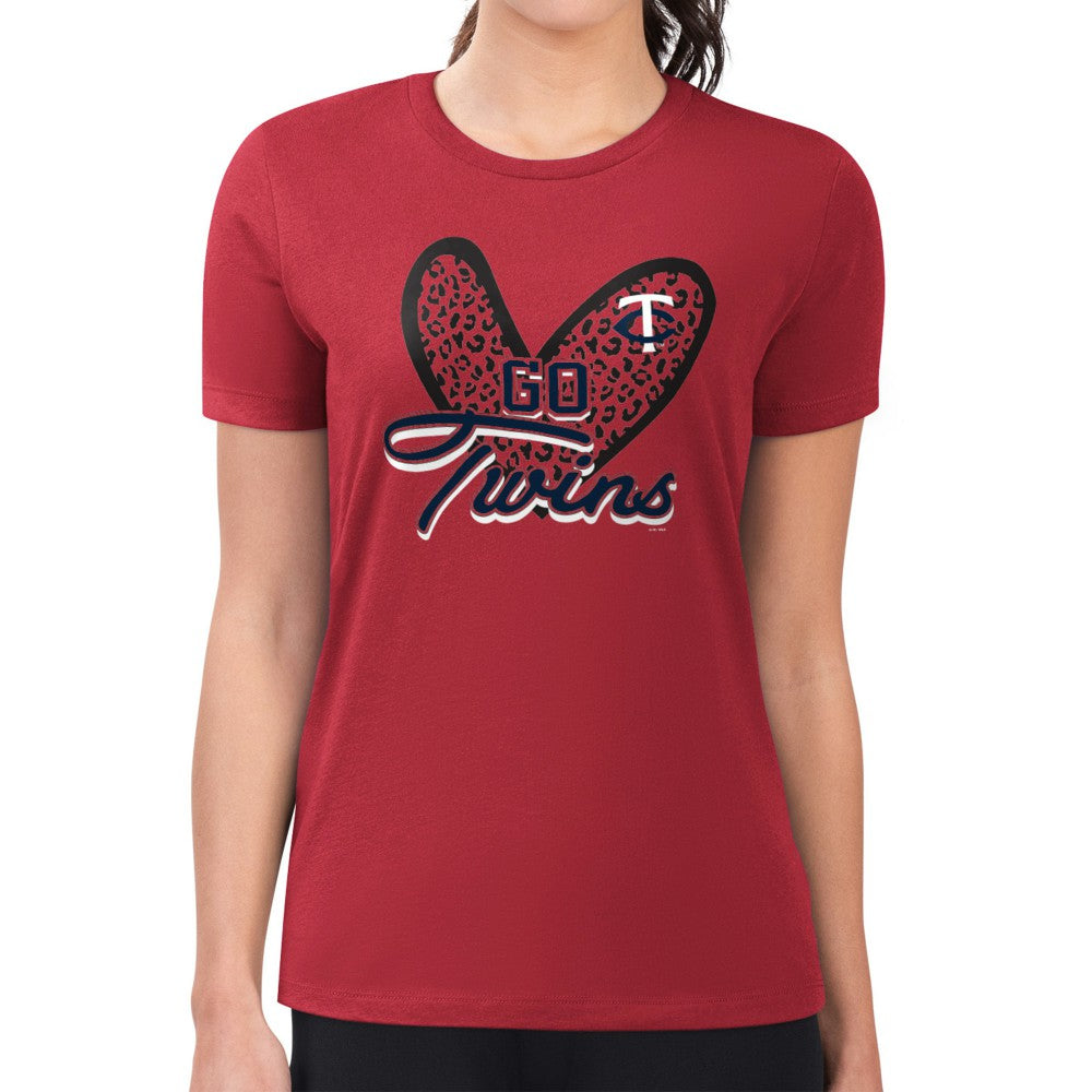 Minnesota Twins G-III 4Her by Carl Banks Women's Super-Slim Fit Lightweight Leopard Heart T-Shirt Red