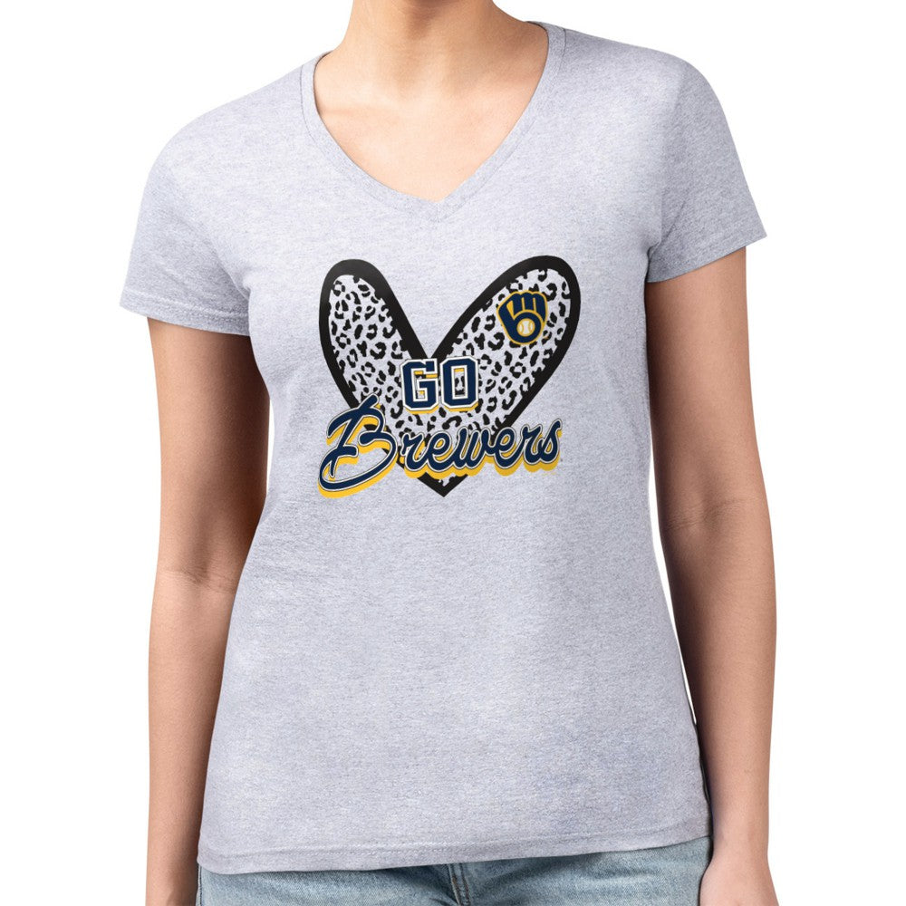 Milwaukee Brewers G-III 4Her by Carl Banks Women's Super-Slim Fit Lightweight Leopard Heart V-Neck T-Shirt Heather Gray