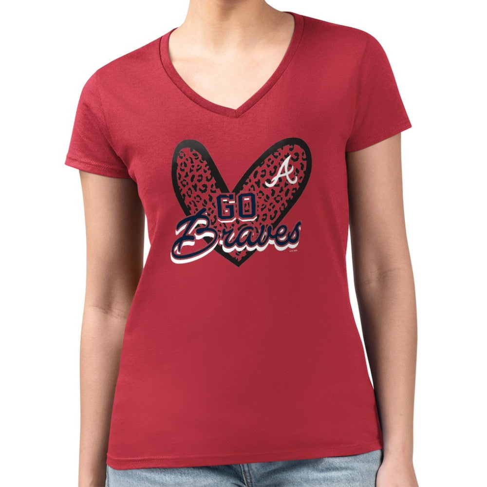 Atlanta Braves G-III 4Her by Carl Banks Women's Super-Slim Fit Lightweight Leopard Heart V-Neck T-Shirt Red