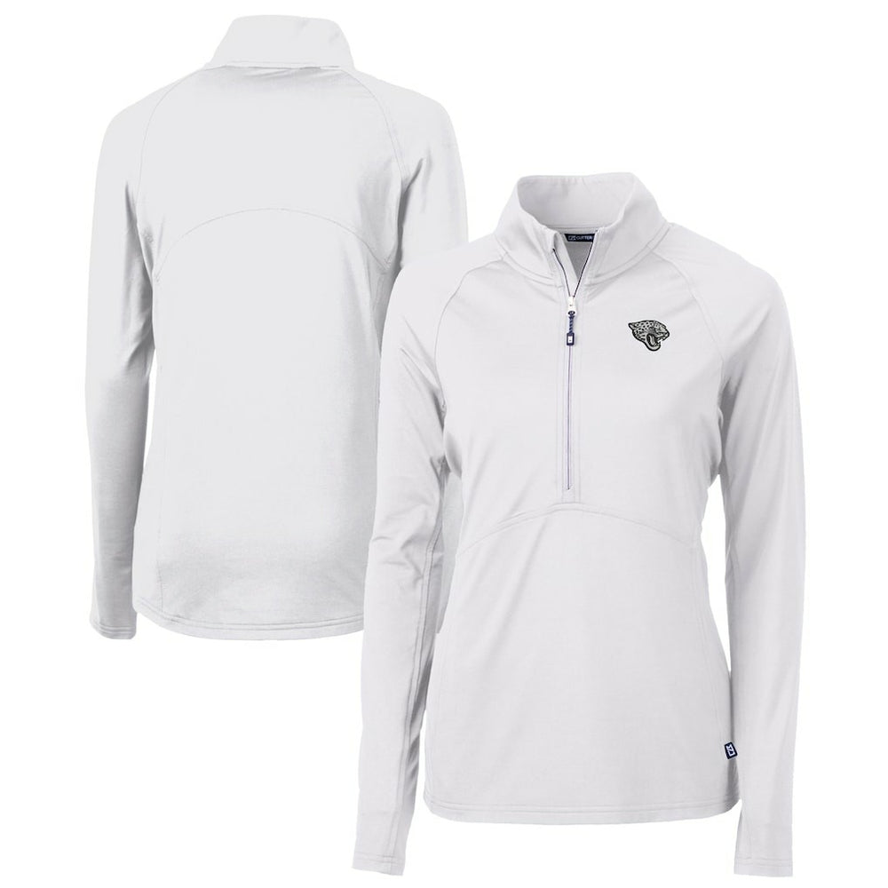 Jacksonville Jaguars Cutter & Buck Women's Adapt Eco Knit Stretch Recycled Raglan Half-Zip Top - White on sale