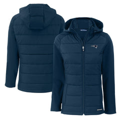 New England Patriots Cutter & Buck Women's Evoke Hybrid Eco Softshell Recycled Full-Zip Hoodie Jacket - Navy on sale