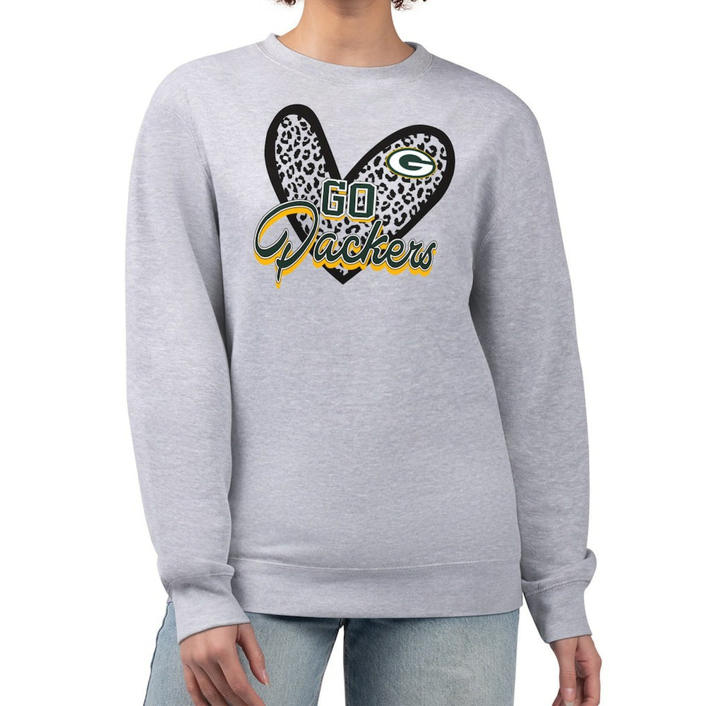 Green Bay Packers G-III 4Her by Carl Banks Women's Leopard Heart Pullover Sweatshirt - Heather Gray outlet
