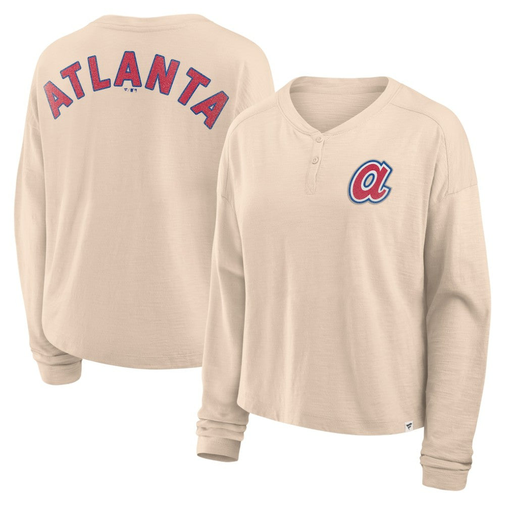 Atlanta Braves Women's Oversized Stadium Slub Long Sleeve Henley T-Shirt Tan