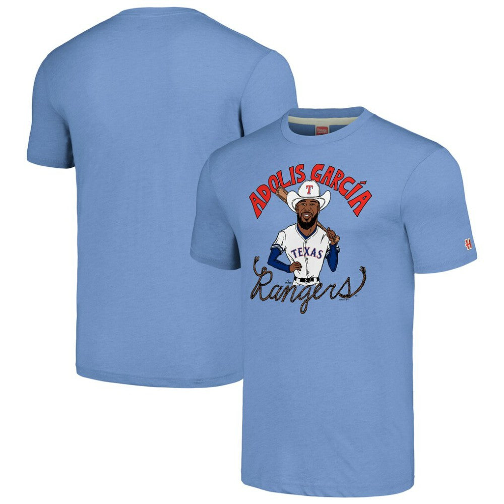 Adolis García Texas Rangers Homage Caricature Player Tri-Blend T-Shirt Light Blue