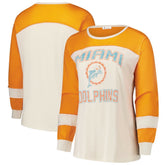 Miami Dolphins '47 Women's Plus Size Double Header Curve Toni Long Sleeve T-Shirt - Cream/Orange for sale