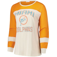 Miami Dolphins '47 Women's Plus Size Double Header Curve Toni Long Sleeve T-Shirt - Cream/Orange for sale