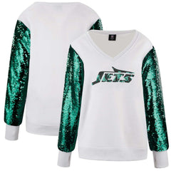 New York Jets Cuce Women's Sequin Sleeve V-Neck Pullover Sweatshirt- White outlet