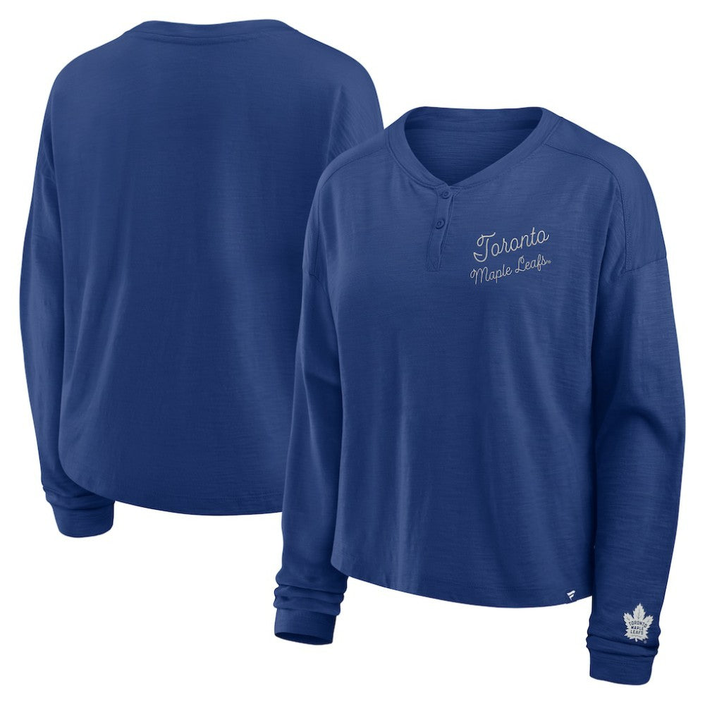 Toronto Maple Leafs Fanatics Women's Oversized All Out Effort Long Sleeve Henley T-Shirt - Blue T-shirts