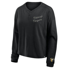 Pittsburgh Penguins Fanatics Women's Oversized All Out Effort Long Sleeve Henley T-Shirt - Black T-shirts
