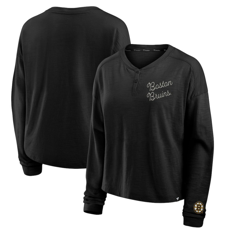 Boston Bruins Fanatics Women's Oversized All Out Effort Long Sleeve Henley T-Shirt - Black T-shirts