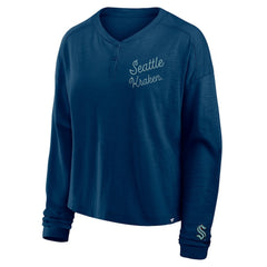 Seattle Kraken Fanatics Women's Oversized All Out Effort Long Sleeve Henley T-Shirt - Deep Sea Blue T-shirts