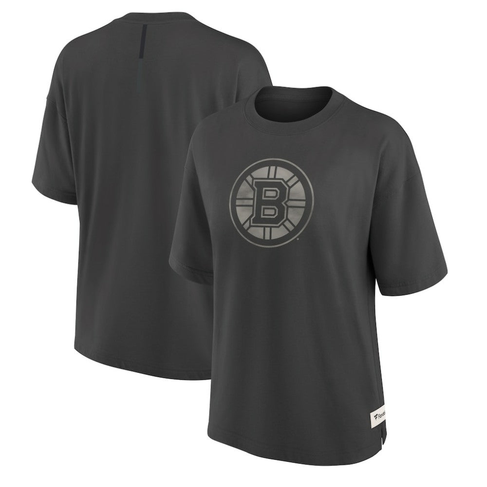 Boston Bruins Fanatics Women's Oversized Elements Raw Edge Future Ground T-Shirt - Charcoal T-shirts