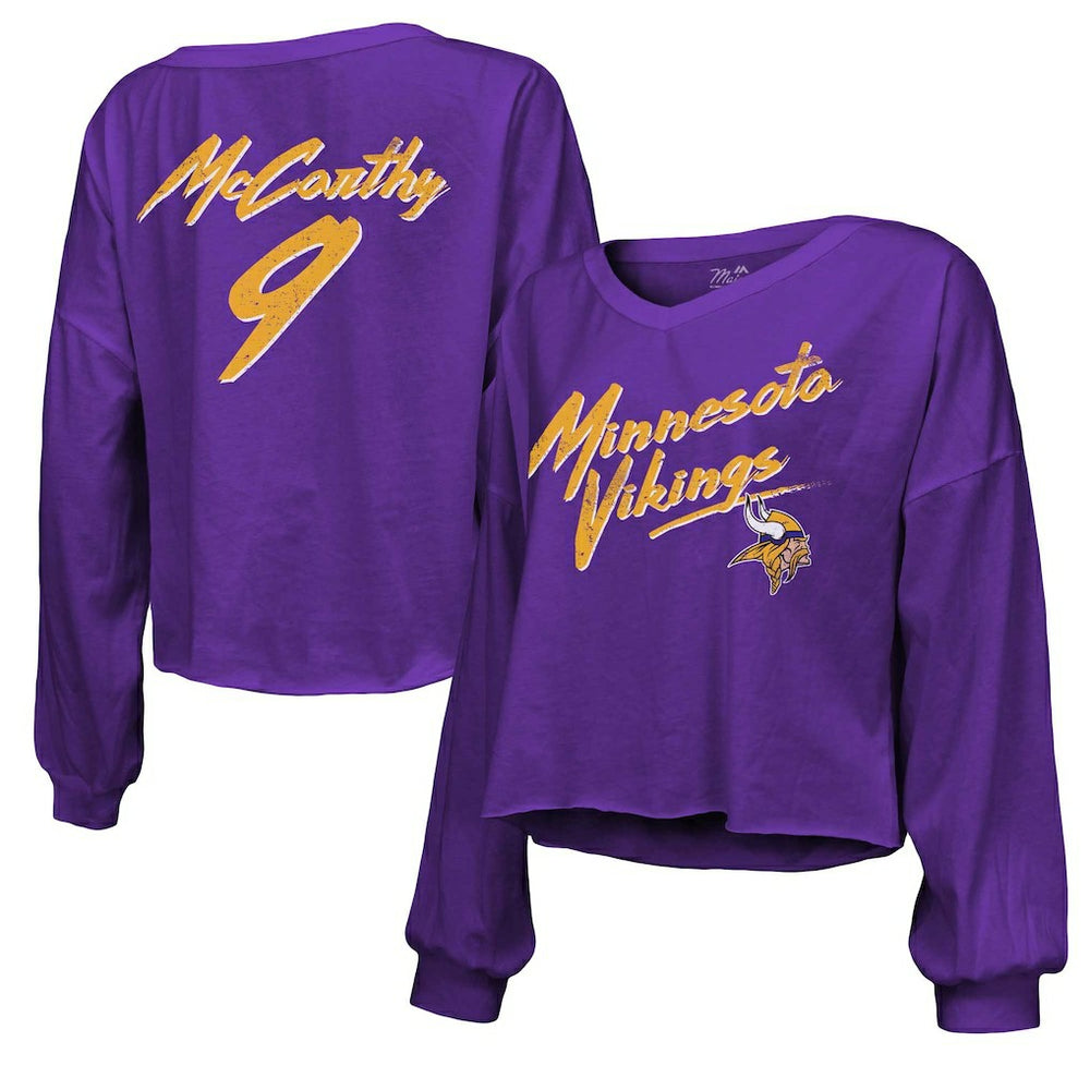 J.J. McCarthy Minnesota Vikings Majestic Threads Women's Name & Number Off-Shoulder Script Cropped Long Sleeve V-Neck T-Shirt - Purple cheap