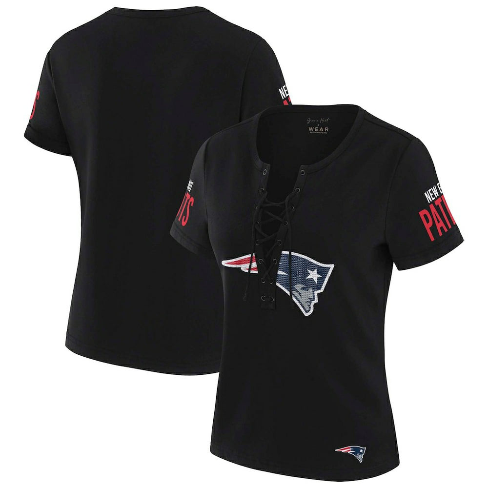 New England Patriots WEAR by Erin Andrews x Gracie Hunt Women's Draft Me Lace-Up T-Shirt - Black for sale
