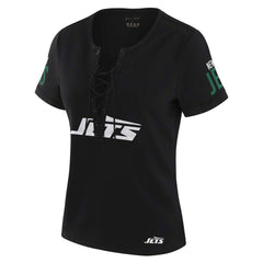 New York Jets WEAR by Erin Andrews x Gracie Hunt Women's Draft Me Lace-Up T-Shirt - Black discount