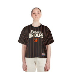 Baltimore Orioles Women's Cooperstown Collection Multiplier Pinstripe Cropped T-Shirt Black