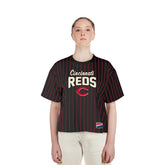 Cincinnati Reds Women's Cooperstown Collection Multiplier Pinstripe Cropped T-Shirt Black
