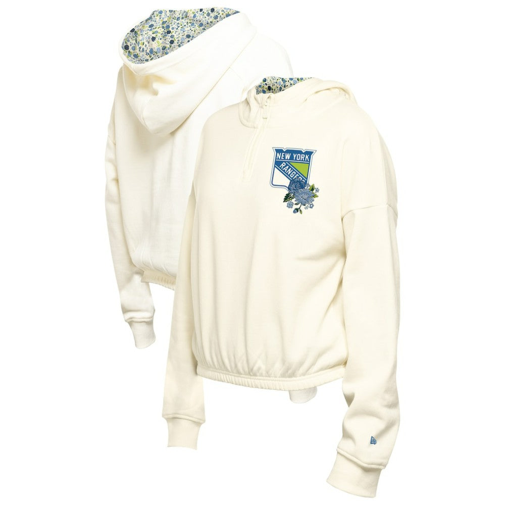 New York Rangers New Era Women's Glam Game Quarter-Zip Cropped Floral Hoodie Pullover - Cream Hoodies
