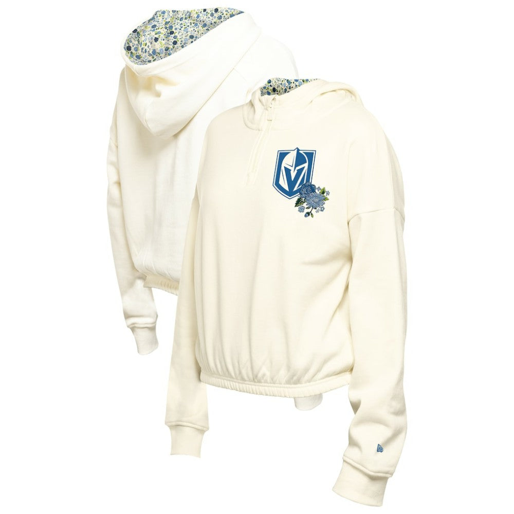 Vegas Golden Knights New Era Women's Glam Game Quarter-Zip Cropped Floral Hoodie Pullover - Cream Hoodies