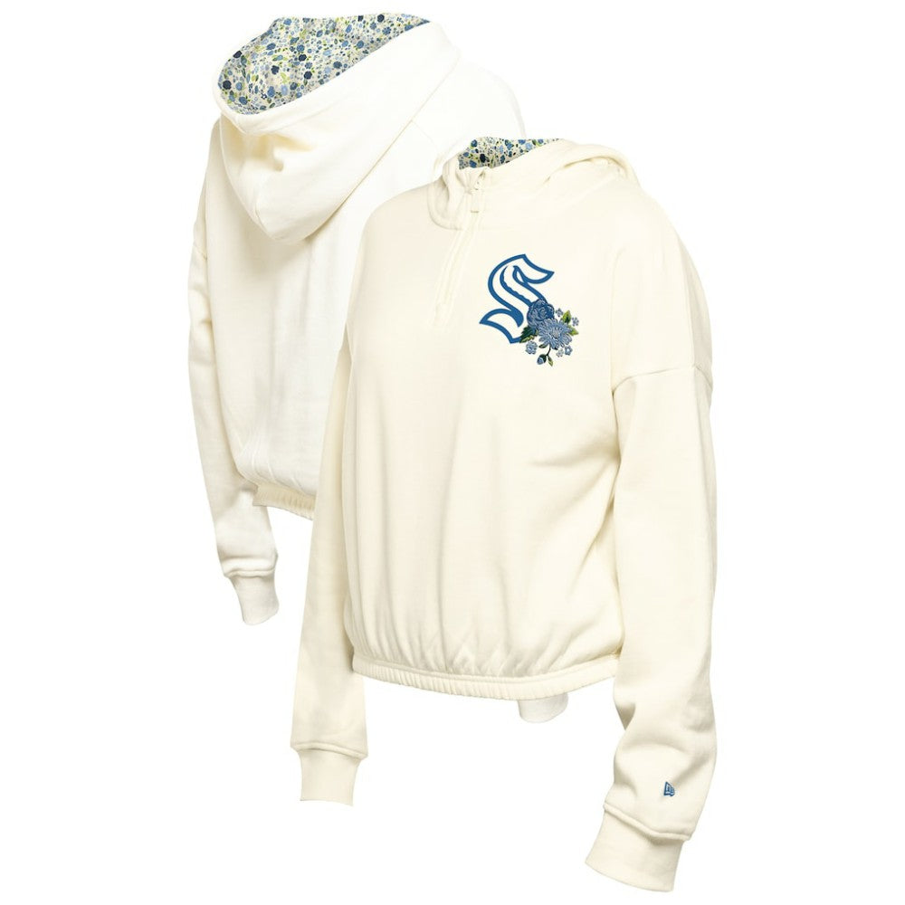 Seattle Kraken New Era Women's Glam Game Quarter-Zip Cropped Floral Hoodie Pullover - Cream Hoodies