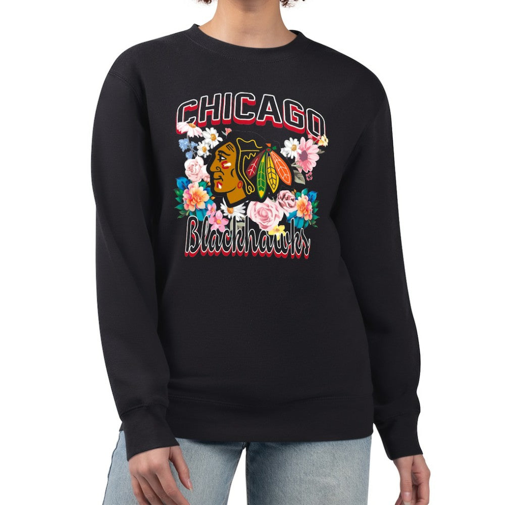 Chicago Blackhawks G-III 4Her by Carl Banks Women's Flower Logo Pullover Sweatshirt - Black Sweatshirts