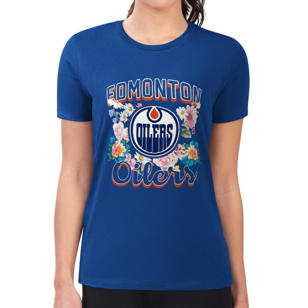 Edmonton Oilers G-III 4Her by Carl Banks Women's Super-Slim Fit Lightweight Flower Logo T-Shirt - Royal T-shirts