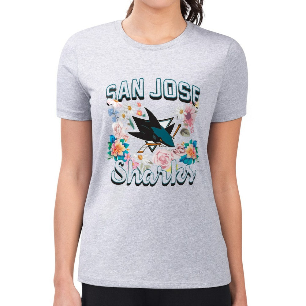 San Jose Sharks G-III 4Her by Carl Banks Women's Super-Slim Fit Lightweight Flower Logo T-Shirt - Heather Gray T-shirts