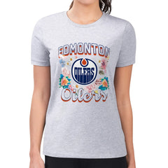 Edmonton Oilers G-III 4Her by Carl Banks Women's Super-Slim Fit Lightweight Flower Logo T-Shirt - Heather Gray T-shirts