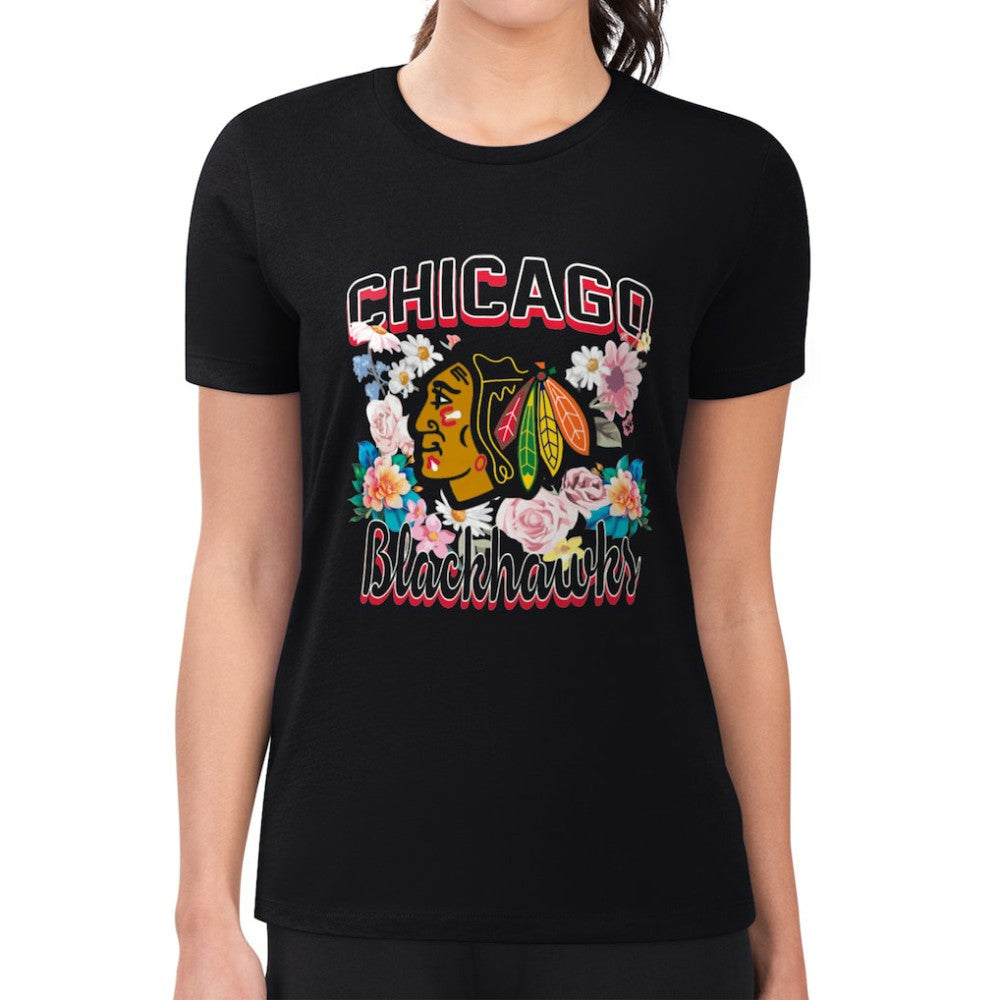 Chicago Blackhawks G-III 4Her by Carl Banks Women's Super-Slim Fit Lightweight Flower Logo T-Shirt - Black T-shirts