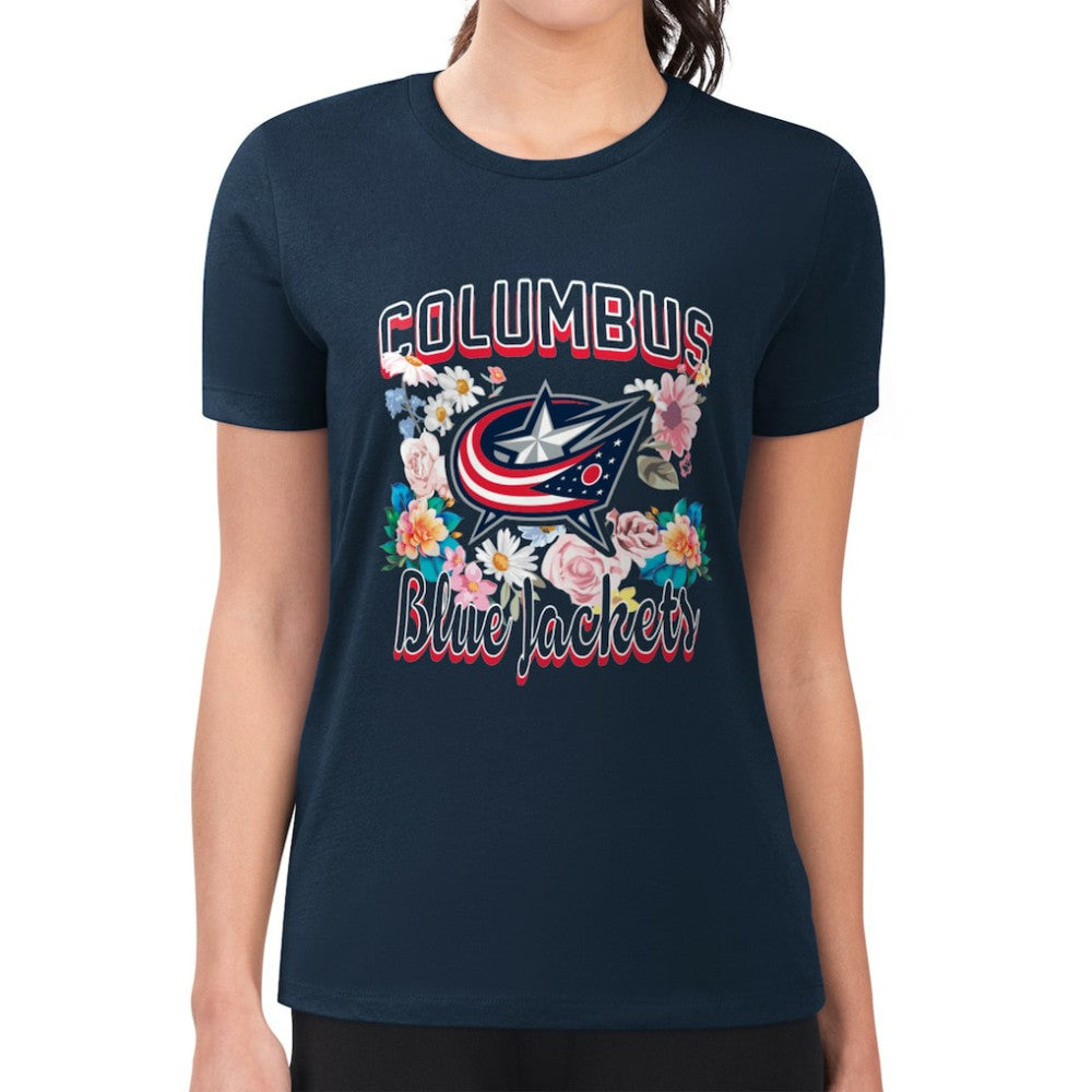 Columbus Blue Jackets G-III 4Her by Carl Banks Women's Super-Slim Fit Lightweight Flower Logo T-Shirt - Navy T-shirts
