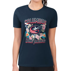 Columbus Blue Jackets G-III 4Her by Carl Banks Women's Super-Slim Fit Lightweight Flower Logo T-Shirt - Navy T-shirts