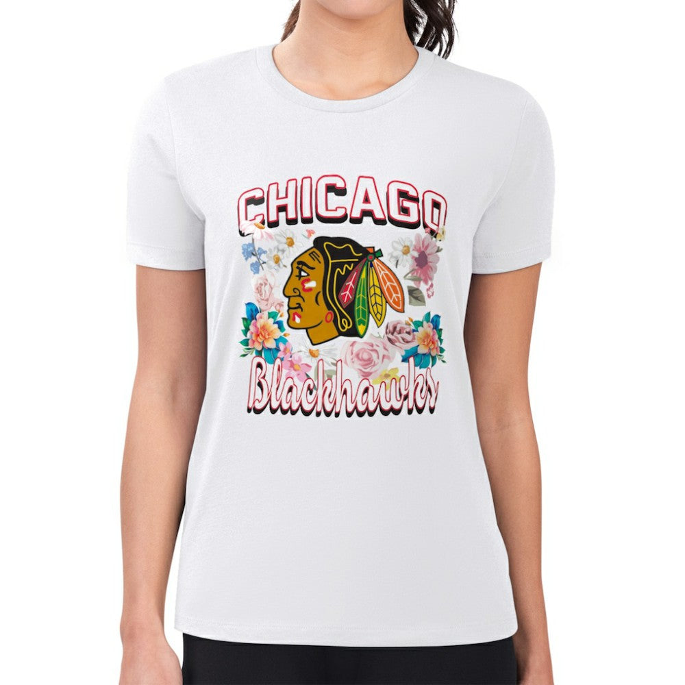 Chicago Blackhawks G-III 4Her by Carl Banks Women's Super-Slim Fit Lightweight Flower Logo T-Shirt - White T-shirts