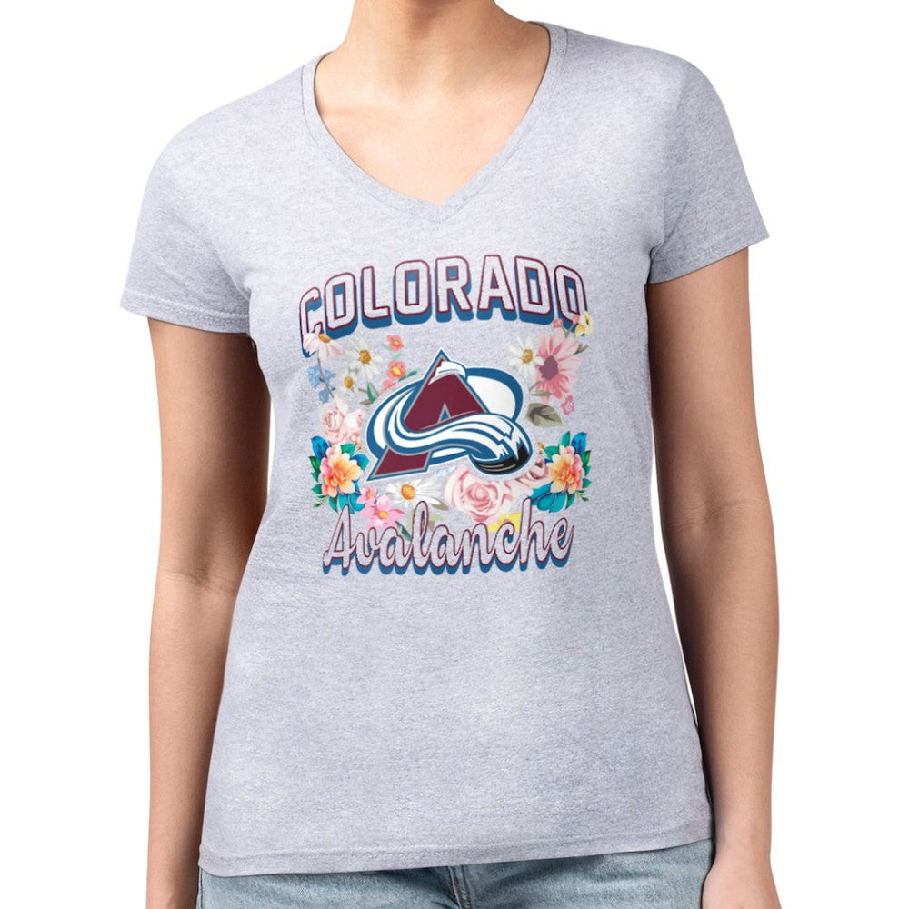Colorado Avalanche G-III 4Her by Carl Banks Women's Super-Slim Fit Lightweight Flower Logo V-Neck T-Shirt - Heather Gray T-shirts