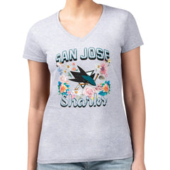 San Jose Sharks G-III 4Her by Carl Banks Women's Super-Slim Fit Lightweight Flower Logo V-Neck T-Shirt - Heather Gray T-shirts