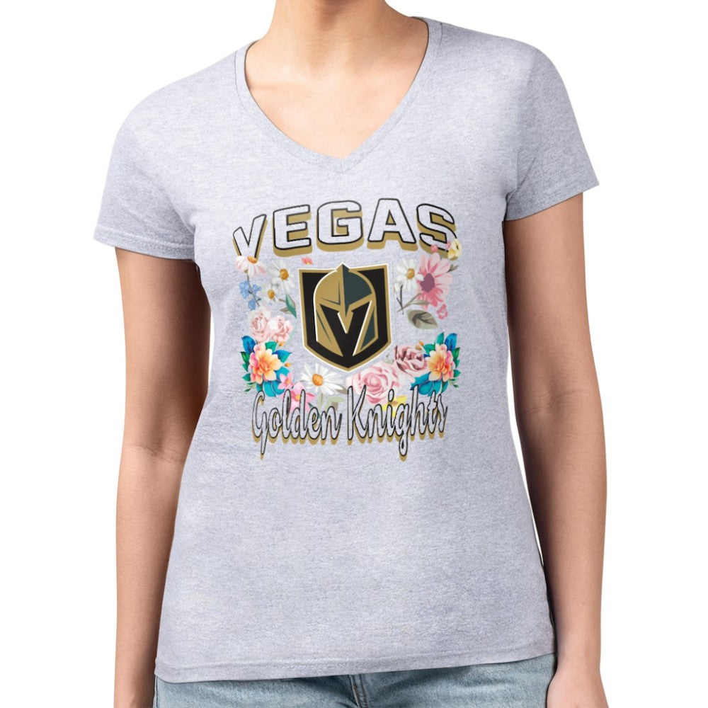 Vegas Golden Knights G-III 4Her by Carl Banks Women's Super-Slim Fit Lightweight Flower Logo V-Neck T-Shirt - Heather Gray T-shirts