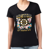Boston Bruins G-III 4Her by Carl Banks Women's Super-Slim Fit Lightweight Flower Logo V-Neck T-Shirt - Black T-shirts