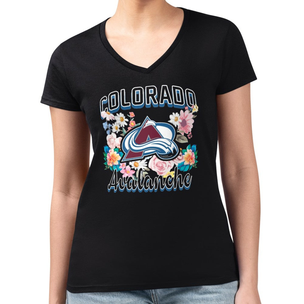 Colorado Avalanche G-III 4Her by Carl Banks Women's Super-Slim Fit Lightweight Flower Logo V-Neck T-Shirt - Black T-shirts