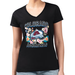 Colorado Avalanche G-III 4Her by Carl Banks Women's Super-Slim Fit Lightweight Flower Logo V-Neck T-Shirt - Black T-shirts