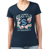 Seattle Kraken G-III 4Her by Carl Banks Women's Super-Slim Fit Lightweight Flower Logo V-Neck T-Shirt - Navy T-shirts