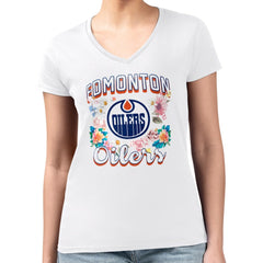 Edmonton Oilers G-III 4Her by Carl Banks Women's Super-Slim Fit Lightweight Flower Logo V-Neck T-Shirt - White T-shirts