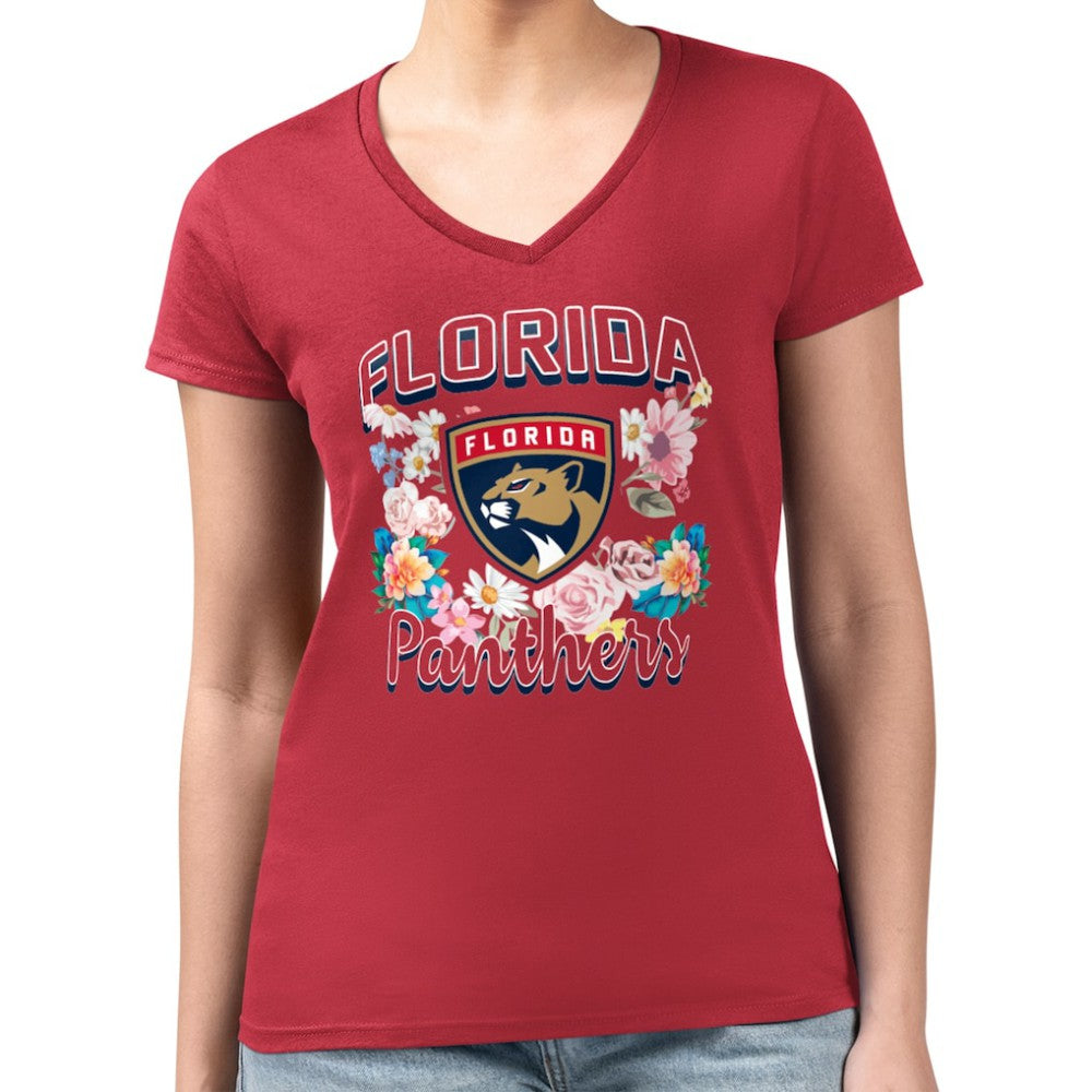 Florida Panthers G-III 4Her by Carl Banks Women's Super-Slim Fit Lightweight Flower Logo V-Neck T-Shirt - Red T-shirts